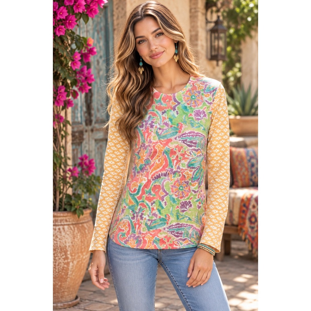 Sundance WHIMSY ROSE Floral Mixed Print Thermal Top Shirt Small Made in USA